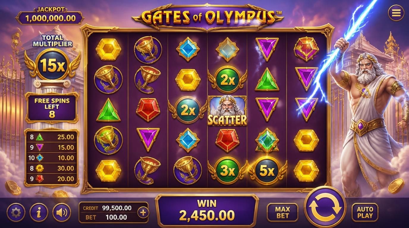 A dramatic scene showing Zeus throwing lightning over grand Olympus gates with gold coins and multipliers shining.