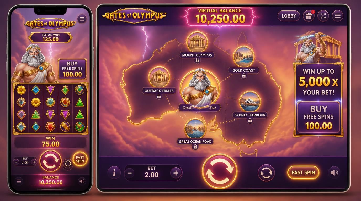 Zeus looms over desktop and mobile screens with Australia map and virtual balance.