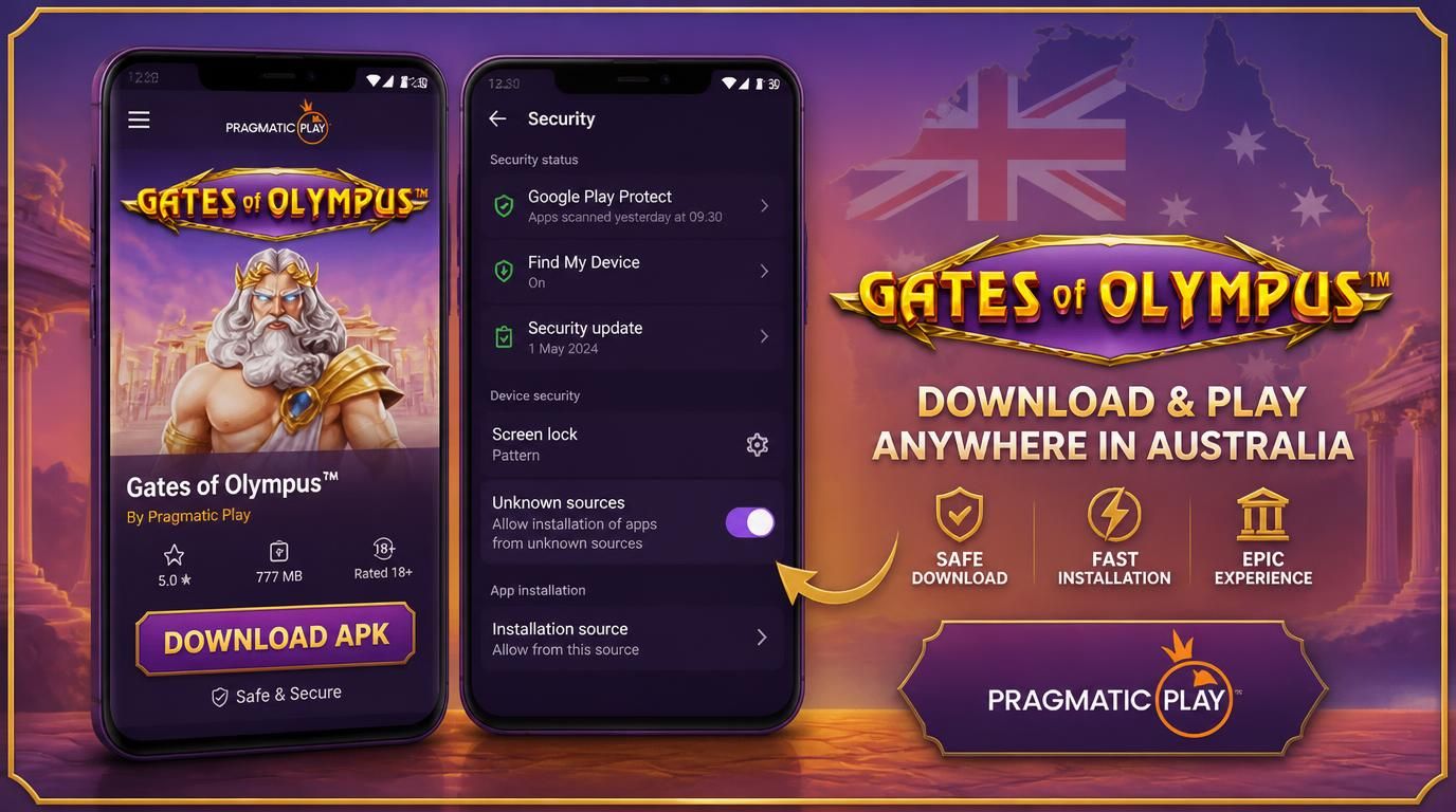 Android phone showing Gates of Olympus APK download screen with setting toggles and Australian theme. 