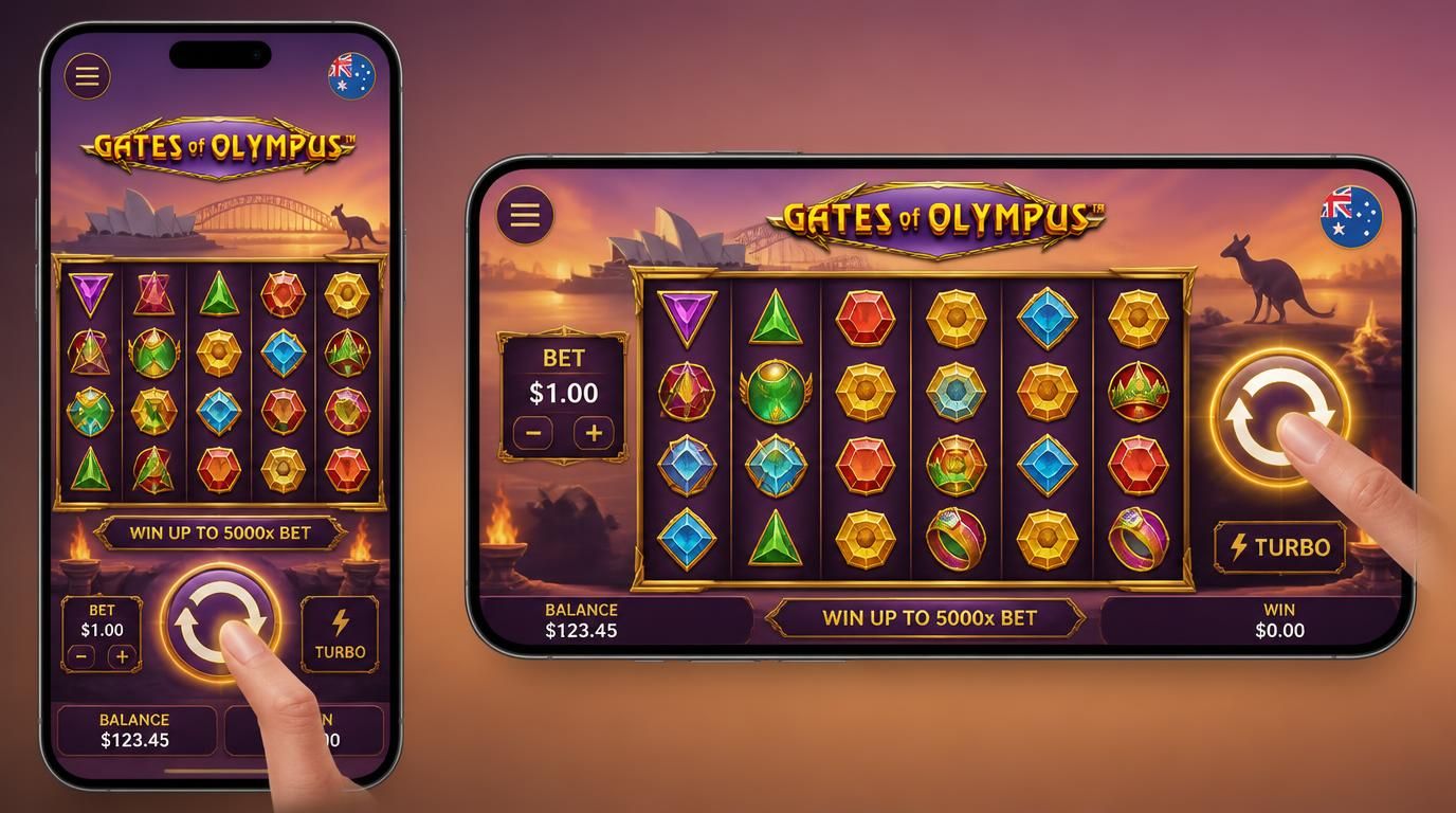 Hands using phone in portrait and landscape modes with clean slot UI and Australian visual cues. 